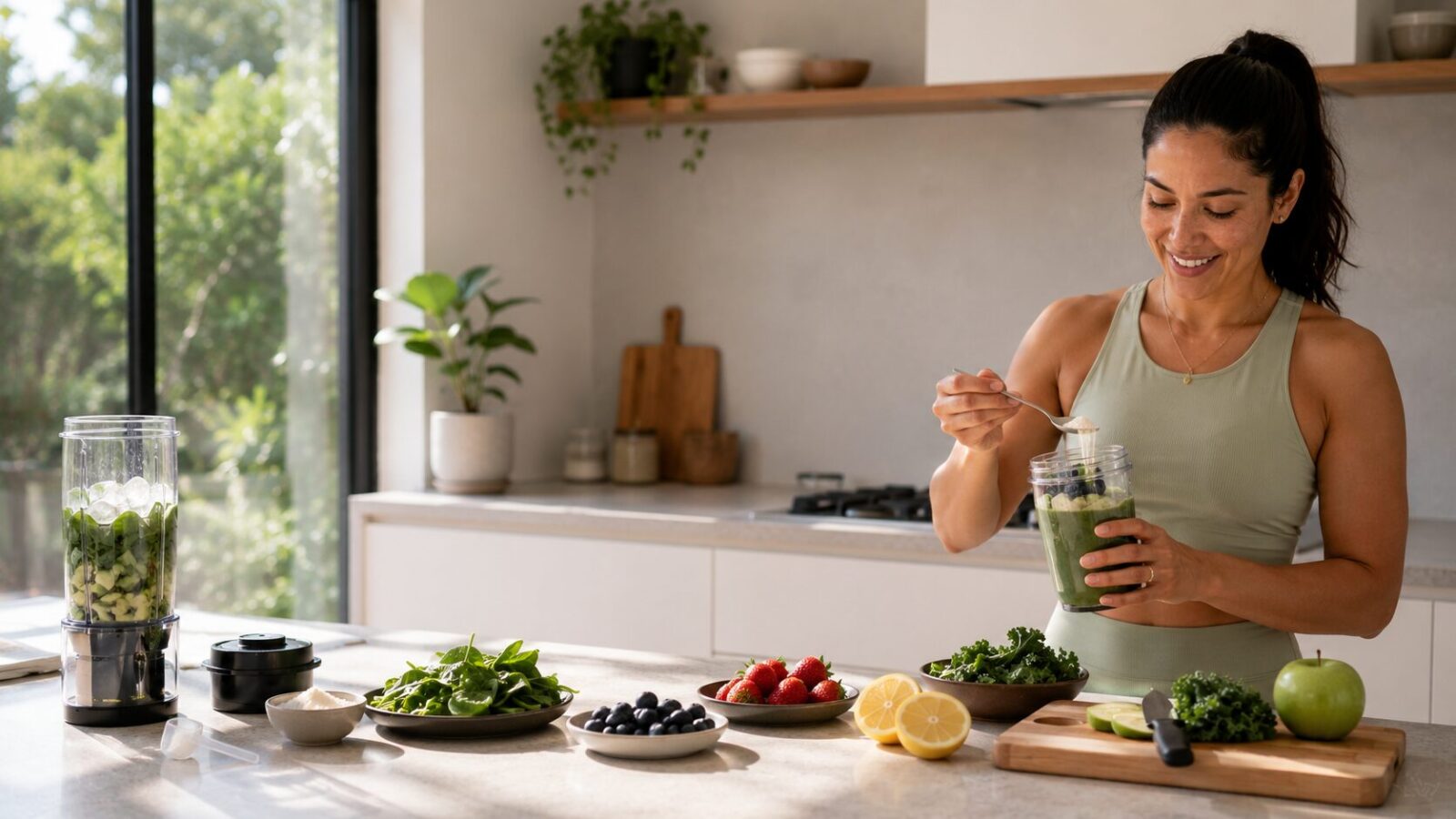 Adult preparing a nutrient-rich greens smoothie with fresh fruit, leafy greens and wellness ingredients in a bright modern kitchen