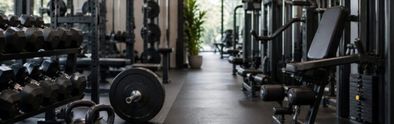 Free weights vs machines comparison showing dumbbells and strength training equipment in a gym