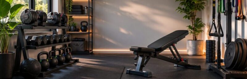 Compact fitness equipment arranged in a small home gym space with dumbbells, resistance bands and storage solutions