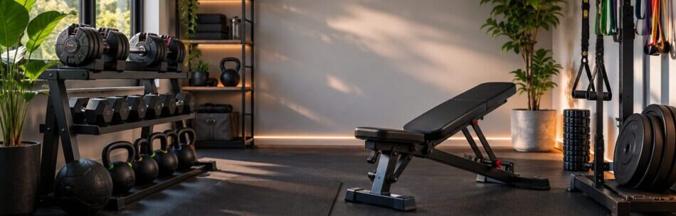 Compact fitness equipment arranged in a small home gym space with dumbbells, resistance bands and storage solutions