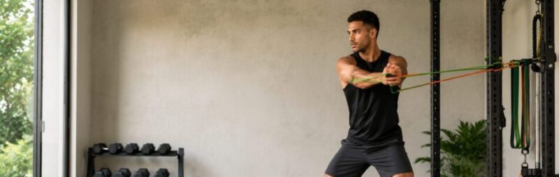 Person using resistance bands during a strength training workout at home gym