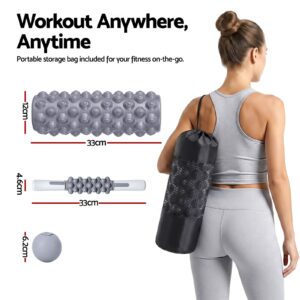 Compact muscle recovery set featuring foam roller, massage ball and massage stick with storage bag for post-workout recovery, stretching and myofascial release anywhere
