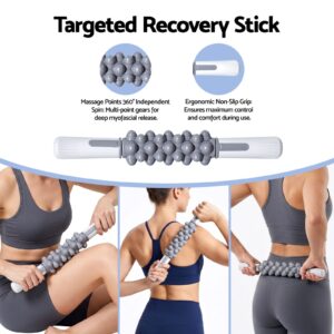 Deep tissue massage stick with ergonomic handles and rotating rollers designed for fascia release, muscle relaxation, recovery training and mobility improvement exercises