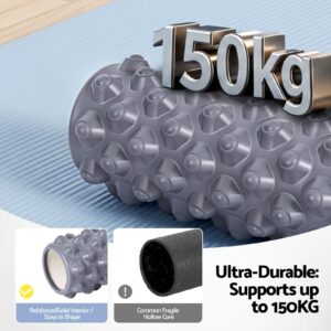 Durable foam roller with solid core construction, trigger point massage texture and 150kg weight capacity for flexibility, recovery and fitness rehabilitation routines