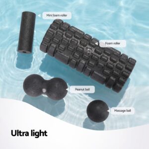 Portable recovery set featuring textured foam roller, mini roller, peanut massage ball and massage ball for myofascial release, muscle relaxation and post-workout recovery exercises