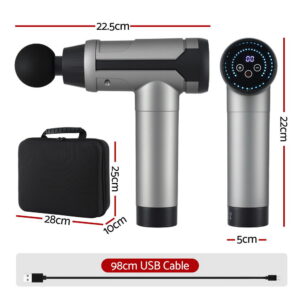 Portable percussion massage gun with size specifications, storage case and USB charging cable designed for muscle recovery, mobility training and post workout relief support
