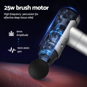 Massage gun with powerful percussion motor, 9mm amplitude and adjustable speed range for targeted muscle recovery, relaxation and fitness recovery support