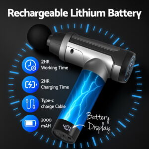 Rechargeable massage gun featuring lithium battery power, battery level display, USB C charging and deep tissue muscle recovery for fitness and wellness support