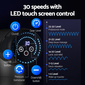 Percussion massage gun with LED touch screen control panel and 30 speed settings for targeted muscle recovery, deep tissue massage and mobility support