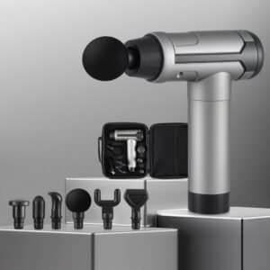 Massage gun recovery device featuring multiple massage attachments for targeted muscle relief, post workout recovery, flexibility and relaxation support