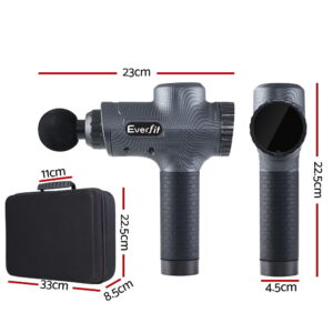 Compact percussion massage gun with carry case and size specifications, designed for portable muscle recovery, relaxation and post workout relief support