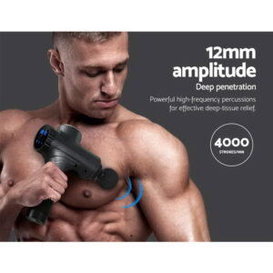 Percussion massage gun providing deep tissue muscle relief with 12mm amplitude and high frequency massage therapy for recovery, mobility and relaxation support