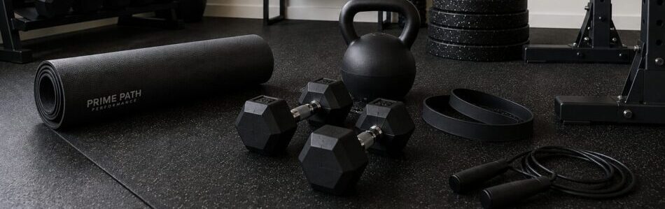 Home gym equipment for beginners including dumbbells, resistance bands and workout accessories