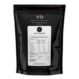 Organic acai powder package displaying nutrition facts, ingredient information and serving details for a natural superfood supplement suitable for smoothies and acai bowls