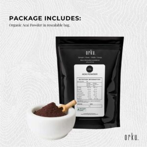 Organic acai powder supplied in a resealable bag with dark purple acai powder ready for smoothies, acai bowls and healthy superfood recipes