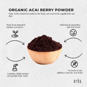 Organic acai berry powder with naturally occurring essential fatty acids, perfect for smoothies, acai bowls and everyday wellness nutrition support
