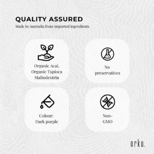 Organic acai powder quality assured infographic showing organic acai, organic tapioca maltodextrin, non GMO ingredients and preservative free formulation for wellness support