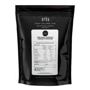 Organic barley grass powder nutrition panel and ingredient information on the back of an Orku superfood supplement package for daily wellness support
