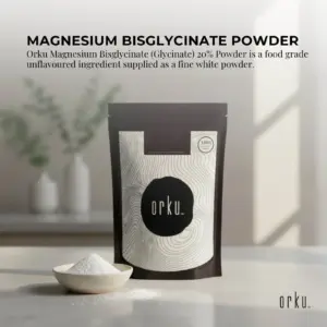 Magnesium powder supplement by Orku featuring magnesium bisglycinate in a fine food grade powder for daily wellness and recovery support
