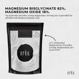 Magnesium powder supplement by Orku providing 20 percent elemental magnesium in an unflavoured powder formula for health and wellness support