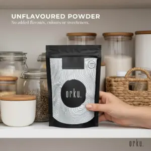 Orku unflavoured supplement powder with no added flavours, colours or sweeteners displayed in a pantry with storage jars