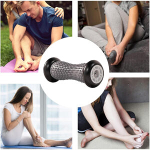 Portable foot massage roller for plantar fascia support, foot pain relief, circulation improvement and recovery exercises