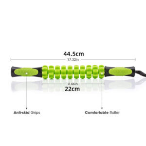 Handheld muscle massage stick featuring textured rolling segments, comfortable grip handles and targeted myofascial release for fitness recovery and mobility support