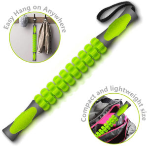 Portable deep tissue massage stick featuring textured rollers, anti-slip handles and compact design for muscle relief, post-workout recovery and on-the-go self massage