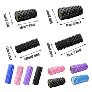 Deep tissue foam roller size comparison showing available lengths, diameters and colour options for recovery, flexibility training and myofascial release exercises