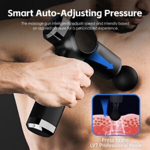Percussion massage gun featuring automatic pressure adjustment for muscle recovery, tension relief, fitness recovery and deep tissue massage therapy