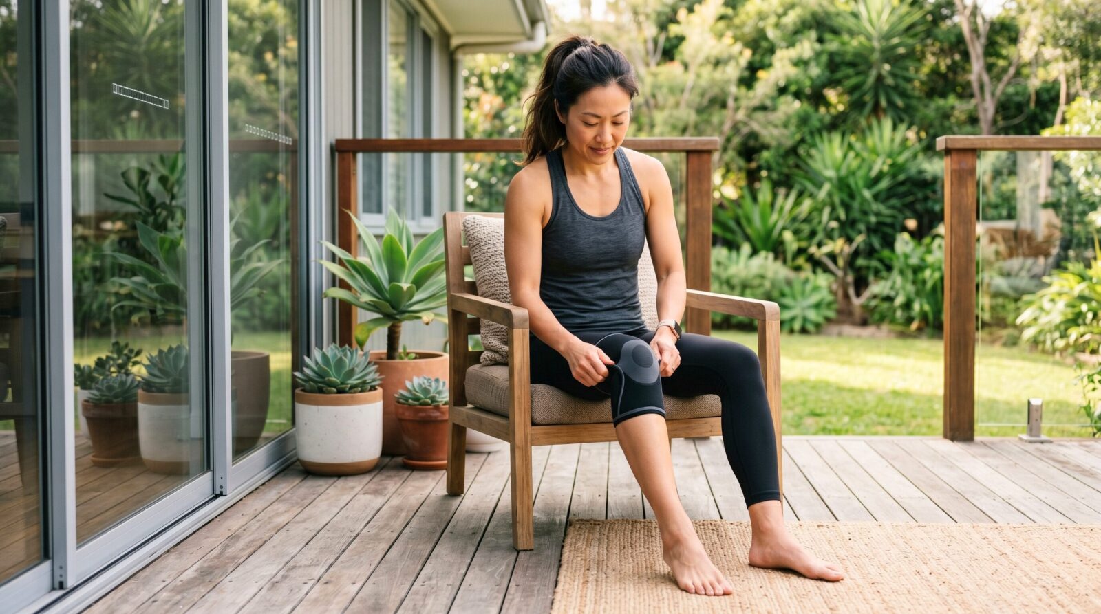 Woman adjusting a knee support sleeve on an outdoor deck at home to support joint comfort, mobility and active recovery.