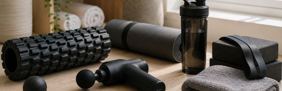 Exercise recovery equipment including foam rollers, massage tools, mobility accessories and wellness products arranged in a bright home fitness and recovery space.