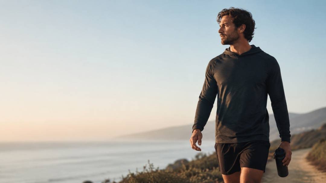 Man walking along a coastal path at sunrise, representing recovery, movement and continuing forward.