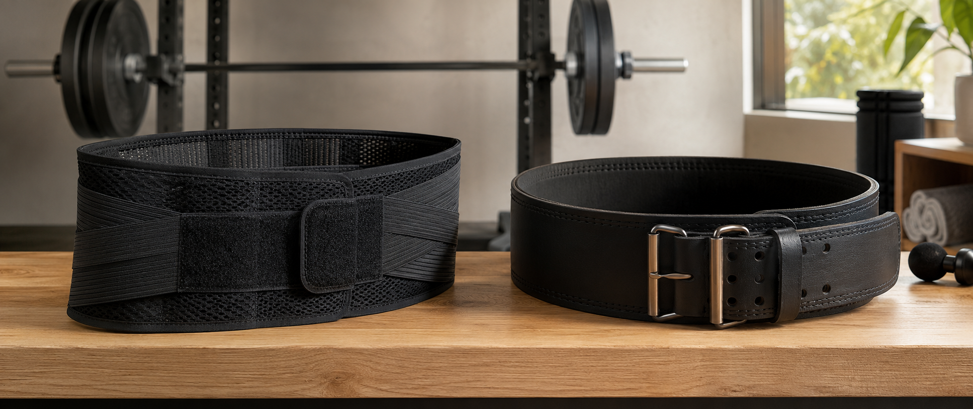 Lumbar support belt beside a structured weightlifting belt on a timber bench in a modern home gym.