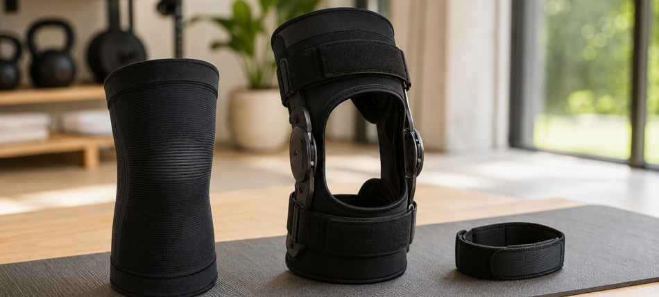 Knee support guide showing a compression knee sleeve, hinged knee brace and patella strap in a home fitness space.