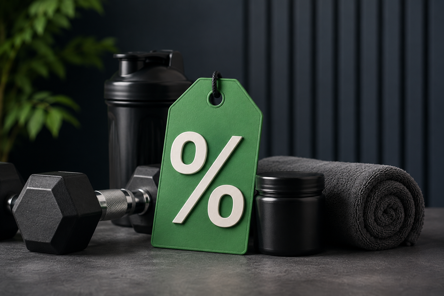 Fitness and recovery products with a discount tag, including a dumbbell, shaker bottle, supplement container and recovery towel.