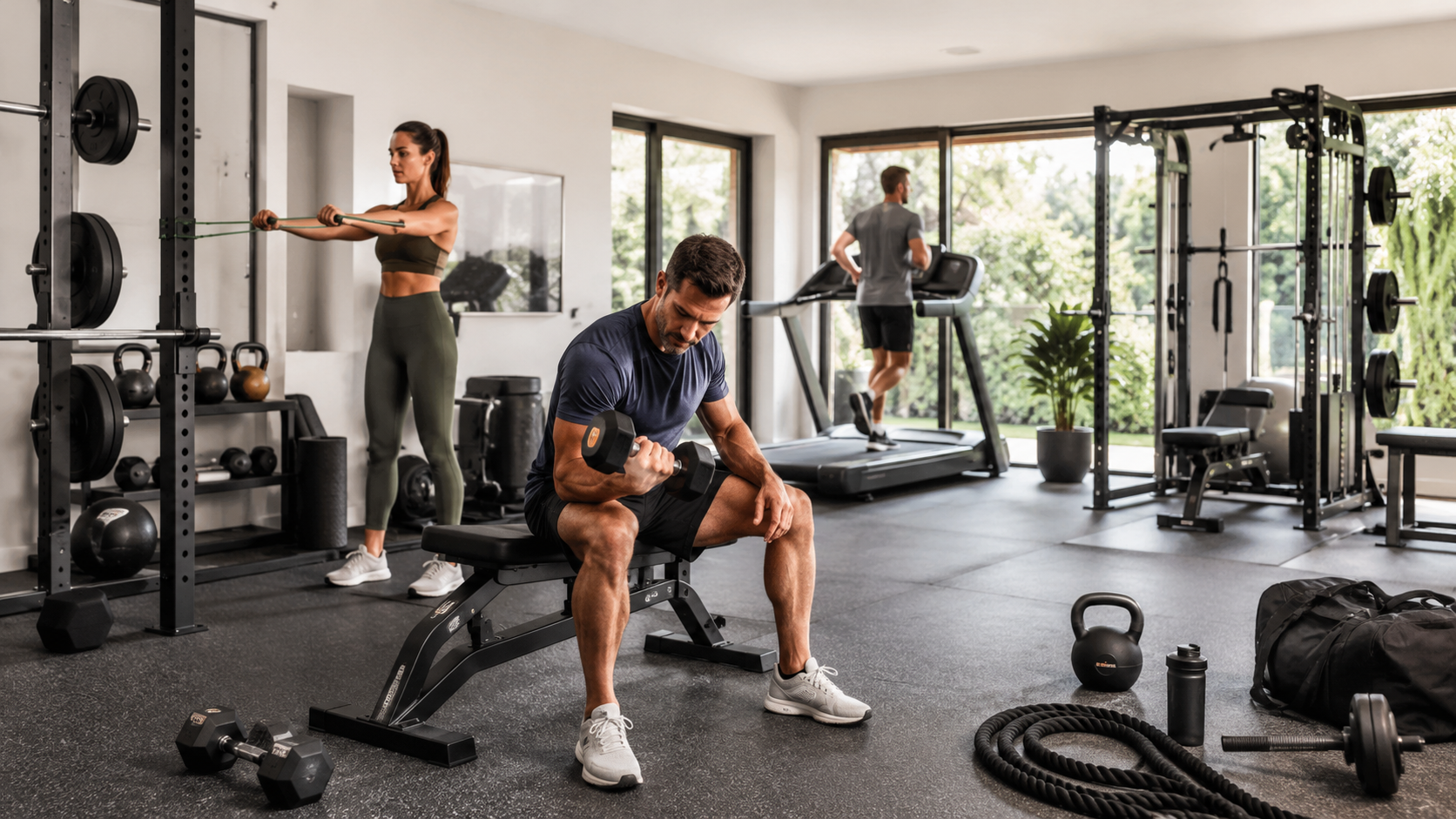 Adults exercising in a modern home gym using dumbbells, resistance bands and cardio equipment in a bright fitness training environment.