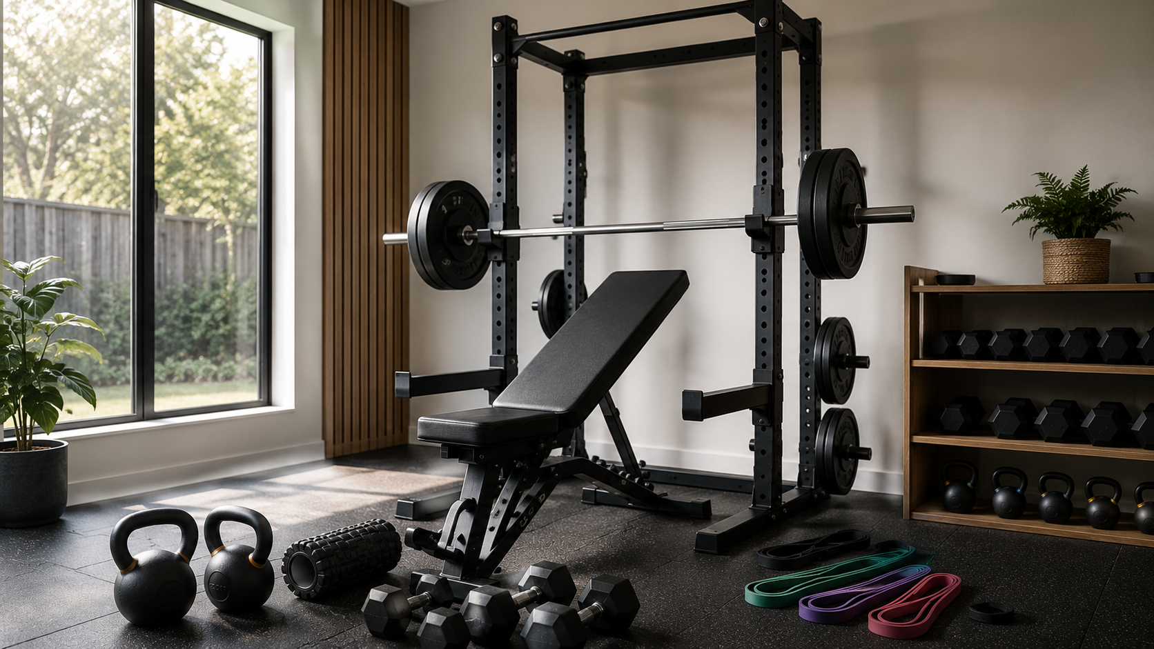 Home gym equipment essentials including power rack, weight bench, dumbbells, kettlebells and resistance bands in a modern Australian home workout setup.