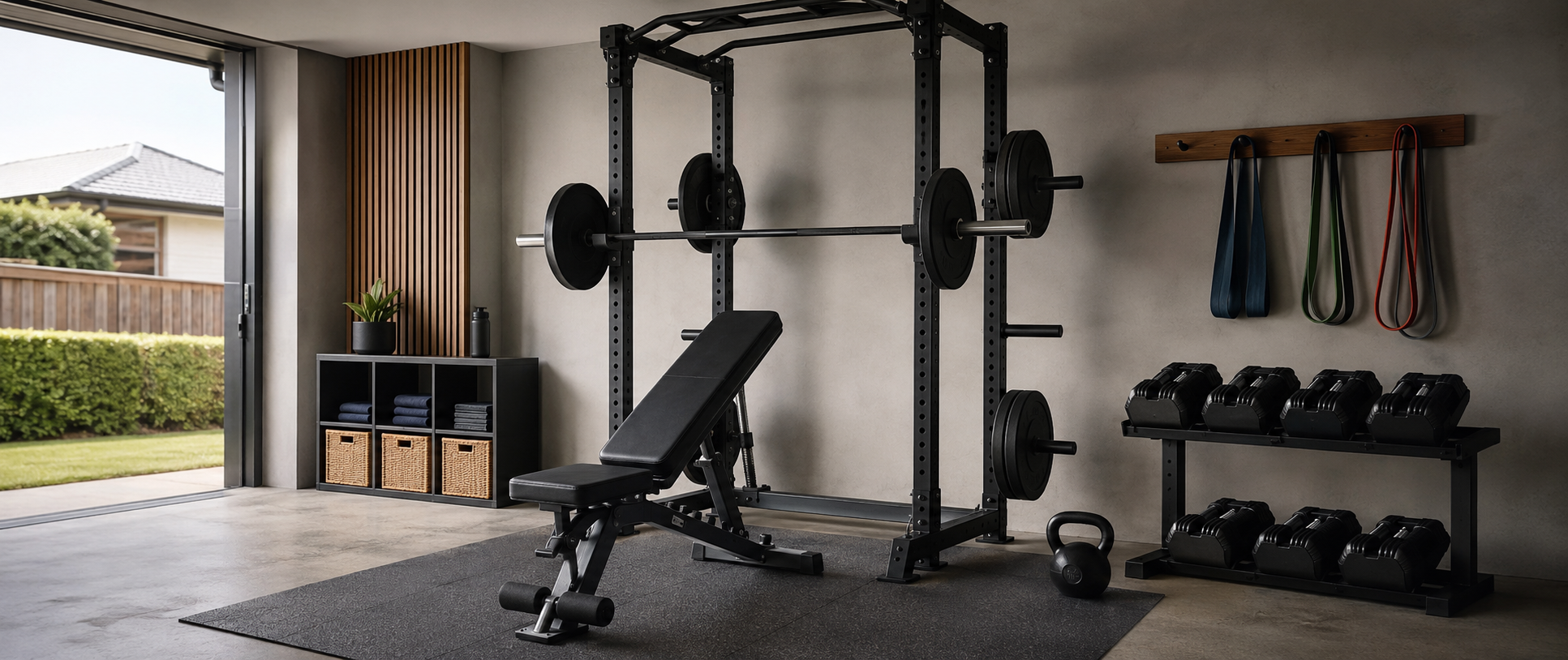Strength training equipment in a home gym with a power rack, barbell, adjustable bench, dumbbells and resistance bands.