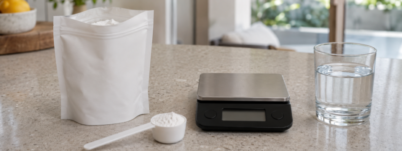 Magnesium bisglycinate powder with a measuring scoop, digital scale and glass of water on a kitchen bench.