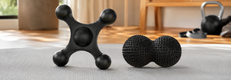 Four-point trigger point massager and peanut massage ball on an exercise mat in a modern home recovery space.