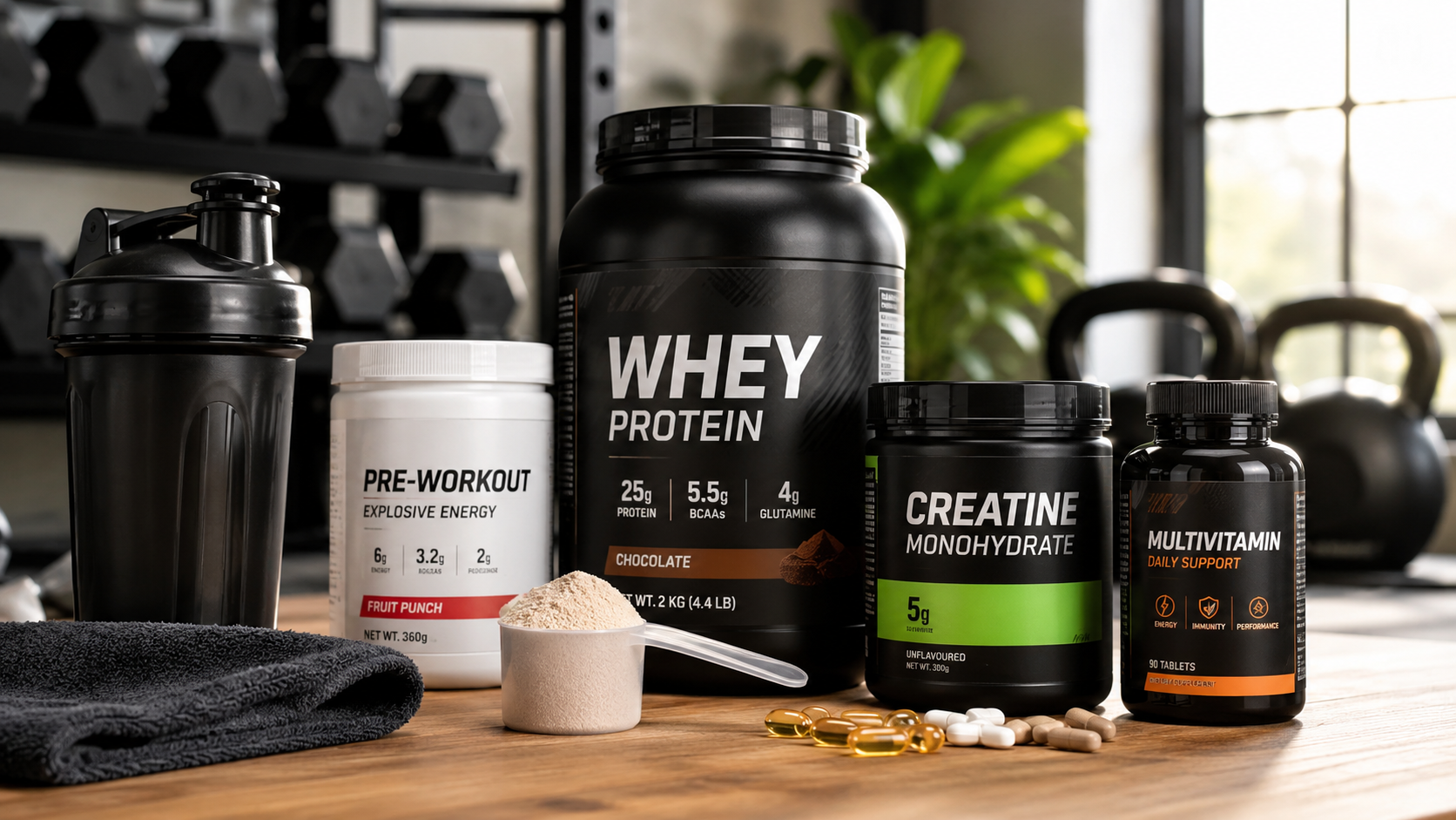 Protein powder, creatine, vitamins and sports nutrition supplements displayed in a modern fitness environment with workout equipment in the background.