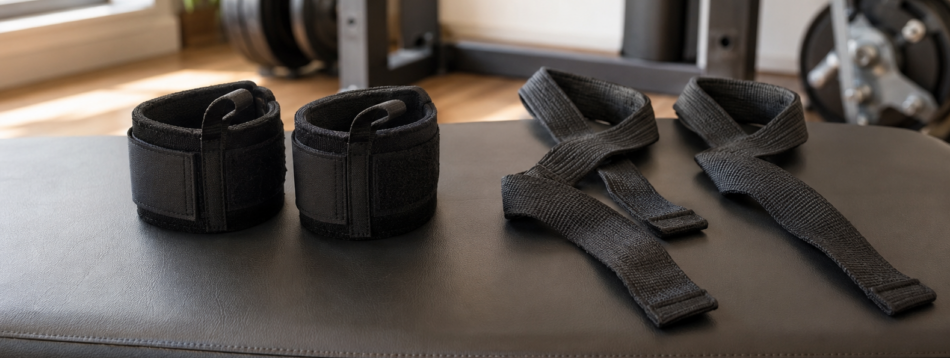 Black weightlifting wrist wraps and conventional fabric lifting straps arranged on a bench in a modern home gym.