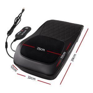 Black Livemor back massager cushion with USB cable, inline controller and product measurements.