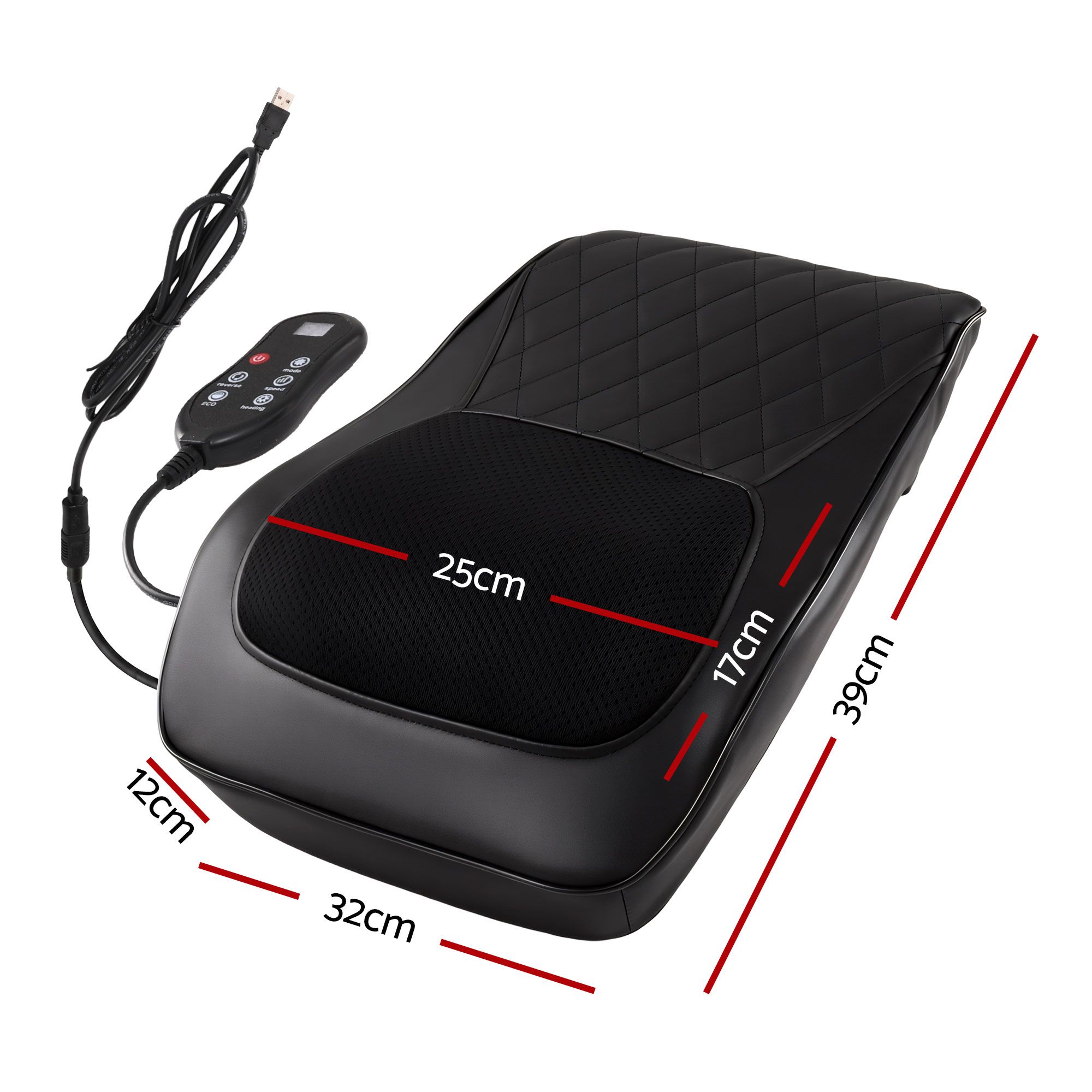 Black Livemor back massager cushion with USB cable, inline controller and product measurements.