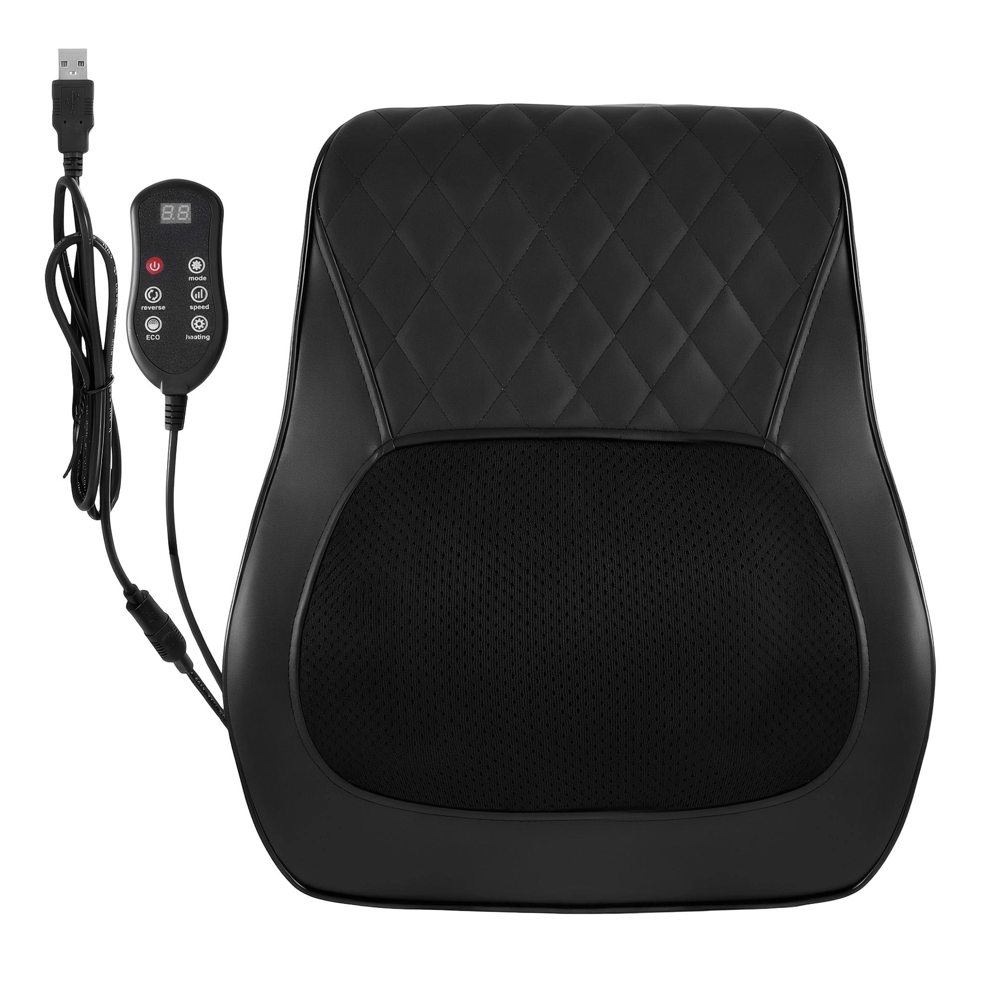 Black Livemor back massager cushion with mesh centre panel, wired USB connection and remote controller.
