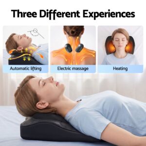 Woman reclining on a Livemor neck and back massage cushion showing automatic lifting, massage and heating.