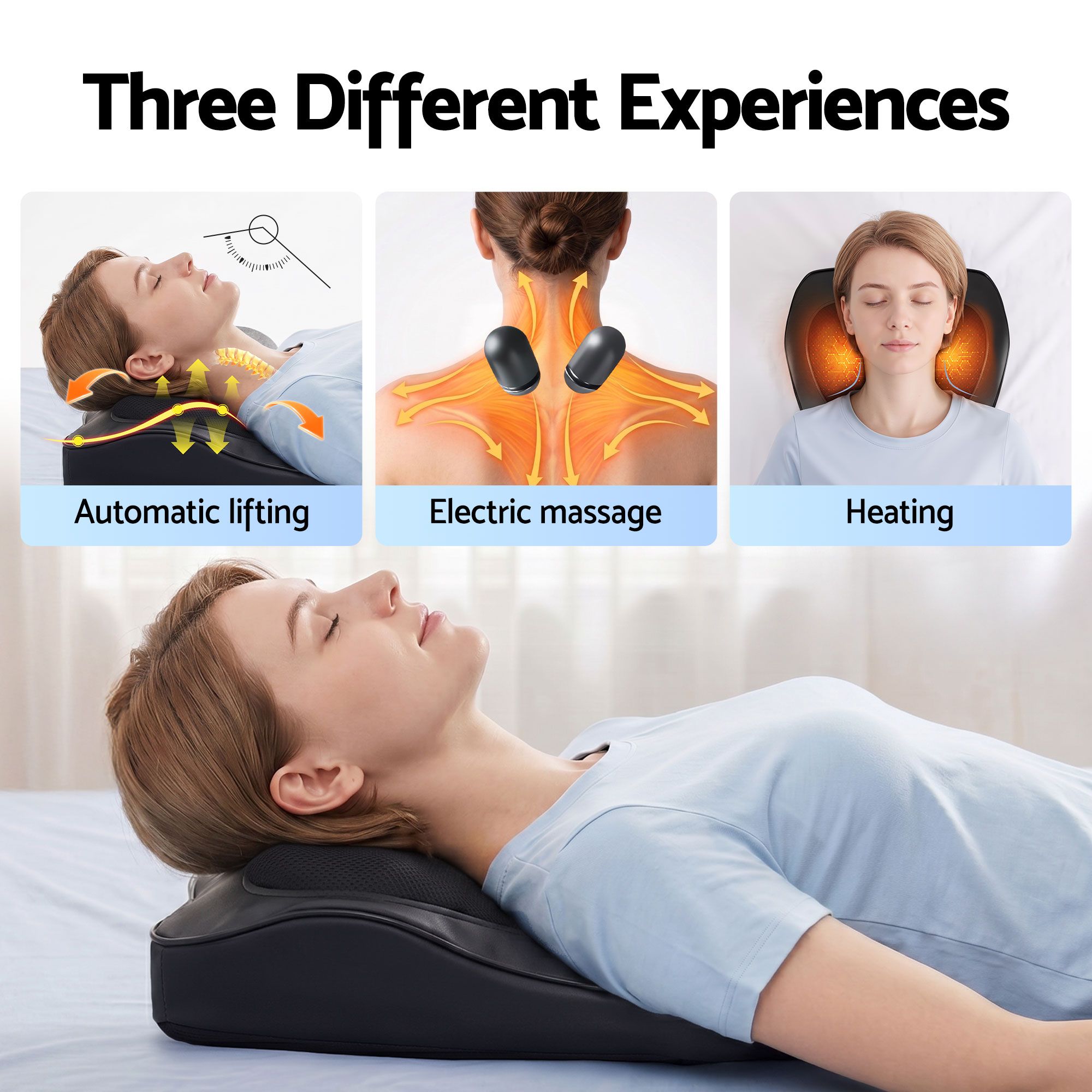 Woman reclining on a Livemor neck and back massage cushion showing automatic lifting, massage and heating.
