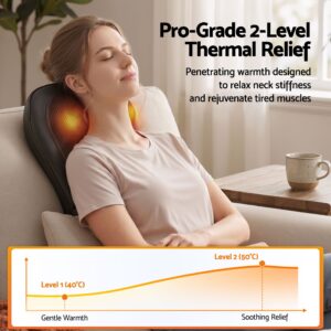 Woman reclining on a sofa with a Livemor heated neck and back massager cushion.