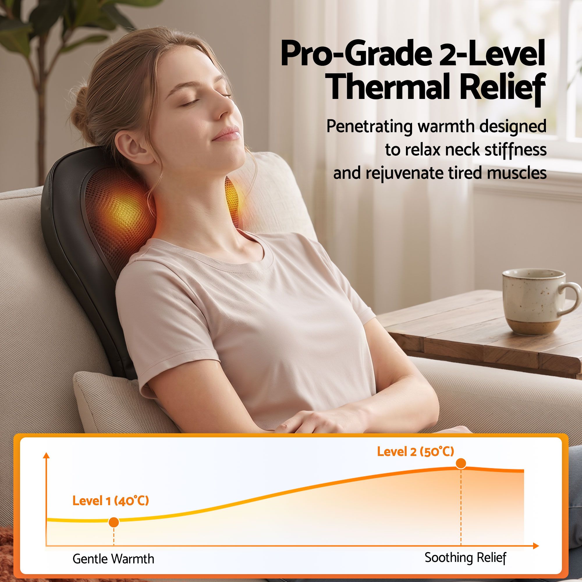 Woman reclining on a sofa with a Livemor heated neck and back massager cushion.